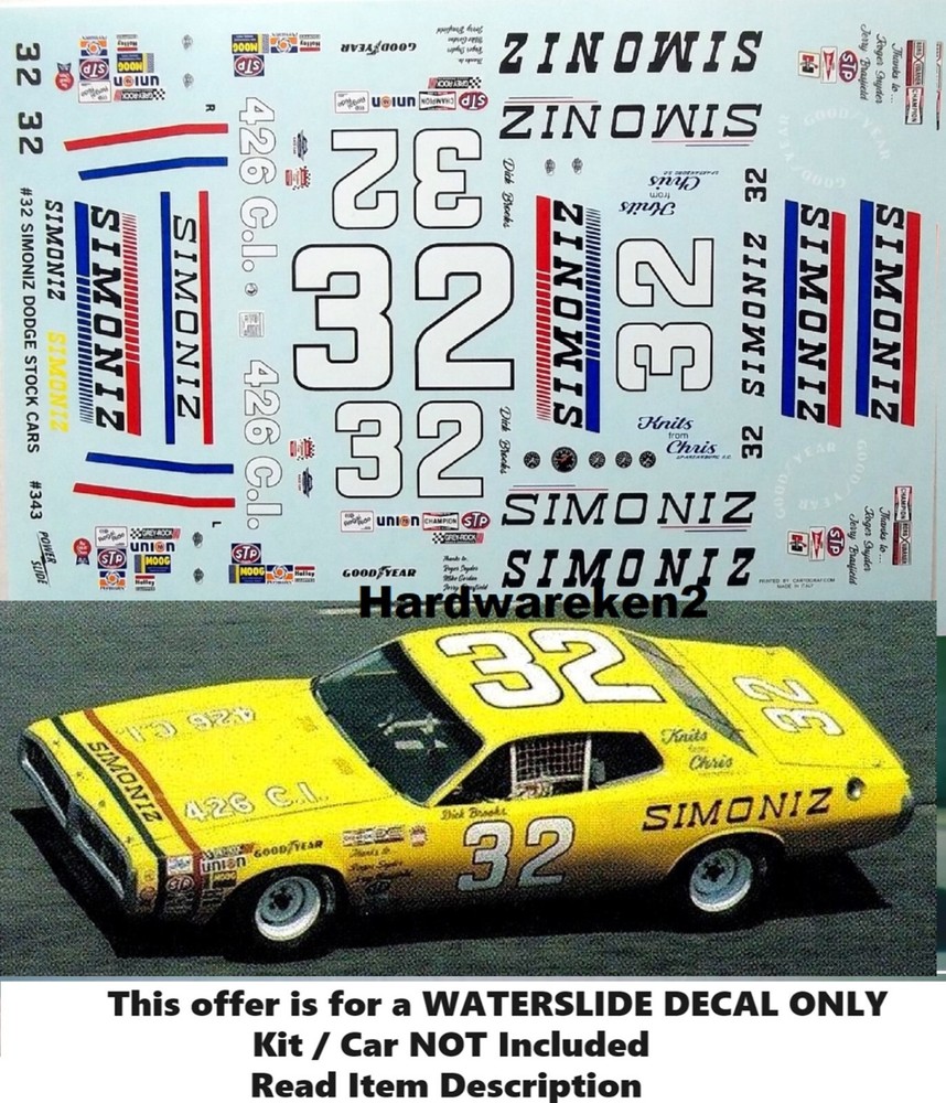 NASCAR DECAL #32 SIMONIZ 1971 DODGE CHARGER DICK BROOKS 1/25 POWERSLIDE