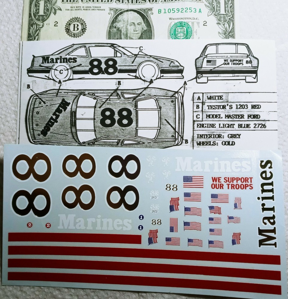 Brand ?? WATER SLIDE DECALS 1/24 NASCAR #88 MARINES Flags We Support Our Troops