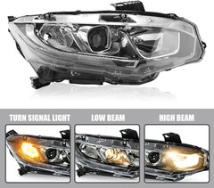 Headlight Assembly Fit for 2016-2021 Honda Civic,Halogen Headlamp W/Led DRL Chro