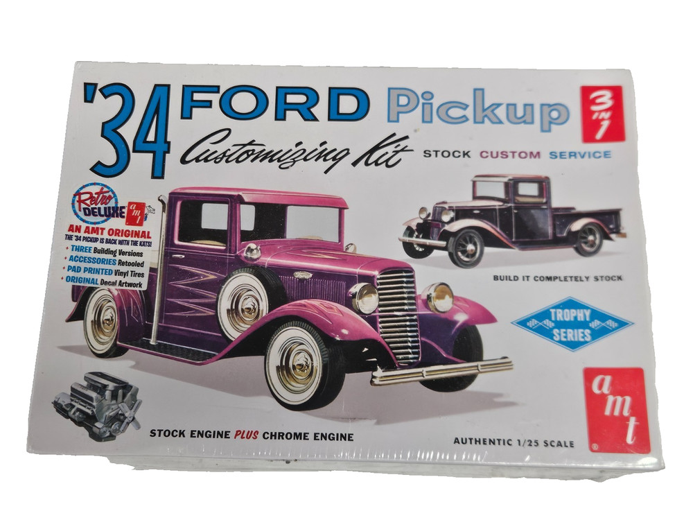 Retro Deluxe AMT ’34 Ford Pickup 3 in 1 Customizing Kit 1/25 Scale Model, Sealed