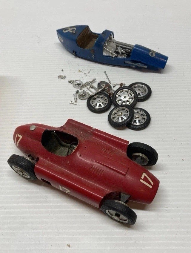 Vintage Plastic Merit Built Model Kit Racing Car Missing Wheel Blue 20s Race Car