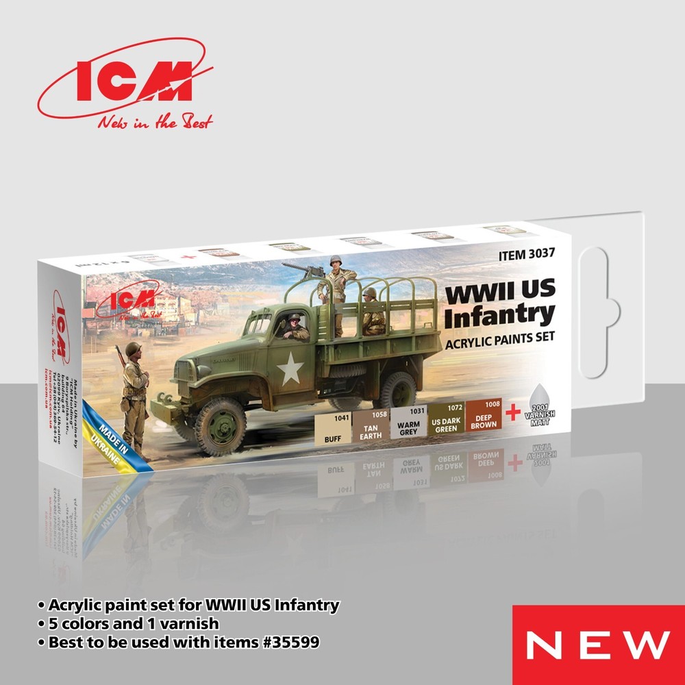 ICM3037 WWII US Infantry Acrylic paint set x 6 12ml bottles Grey, Yellow, Brown