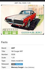 AMT 1968 Mercury Cougar XR7. SEALED RARE side opening box. #5328