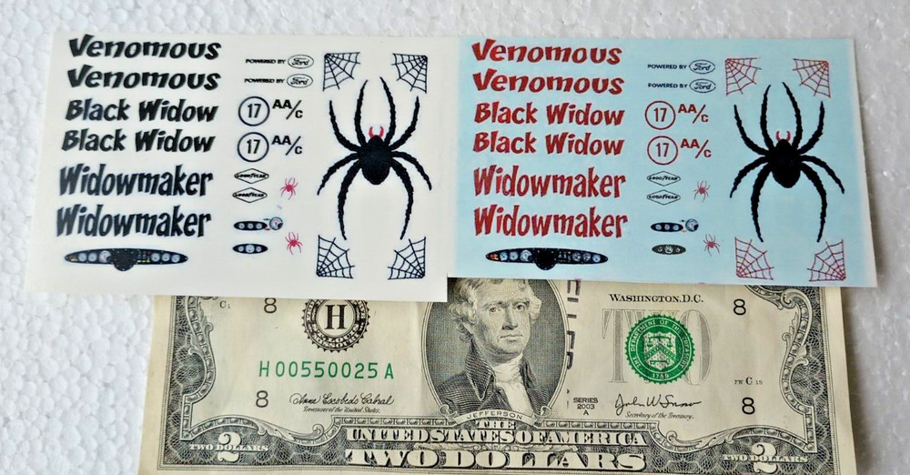 Brand? Scale? Venomous BLACK WIDOW SPIDER Widowmaker WATERSLIDE Decals #17 NHRA