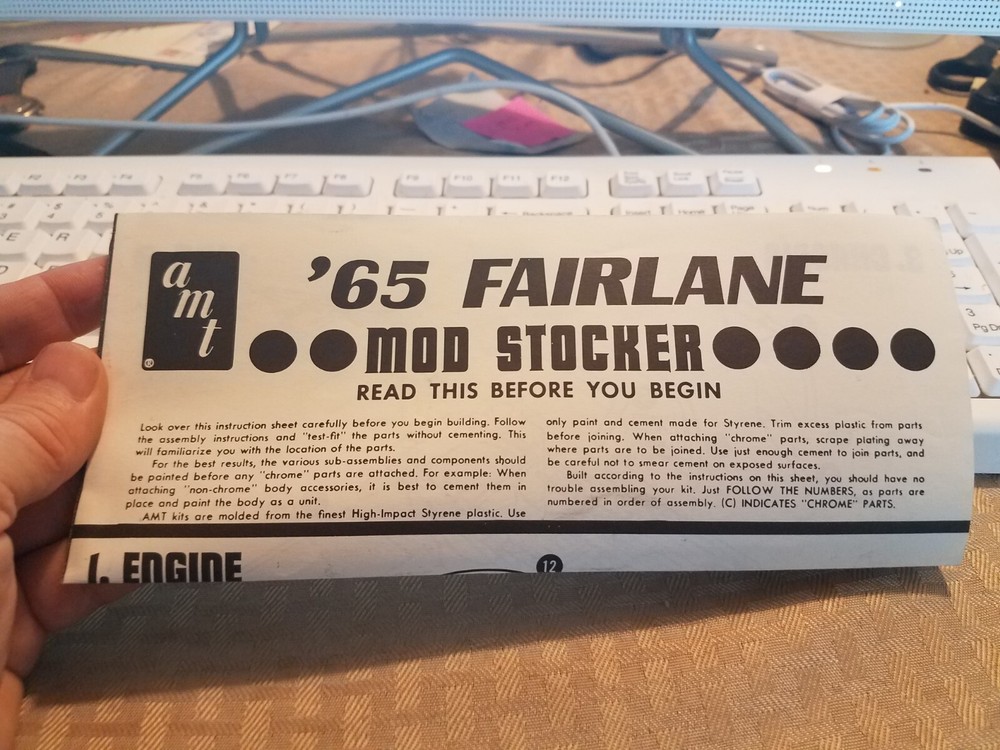 Vintage 1965 Ford Fairlane Mod Stocker Model Car Instruction Sheet AMT Co.