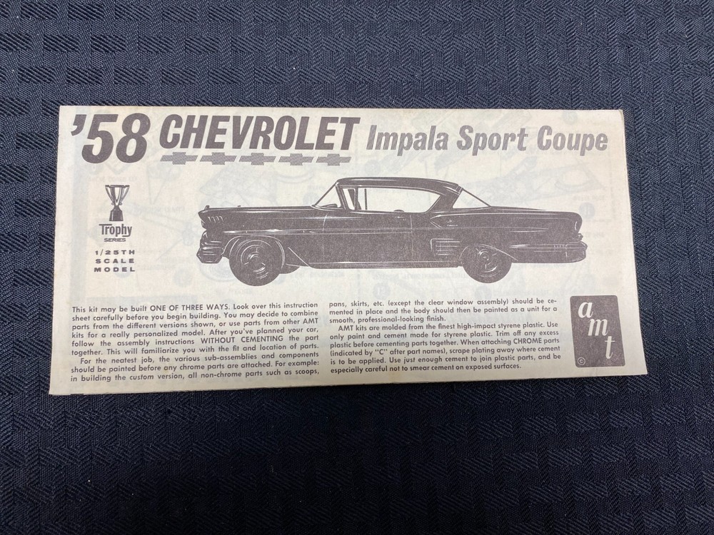 AMT ’58 Chevrolet Impala 2 Door Hardtop Trophy #2758 Instructions Original RARE