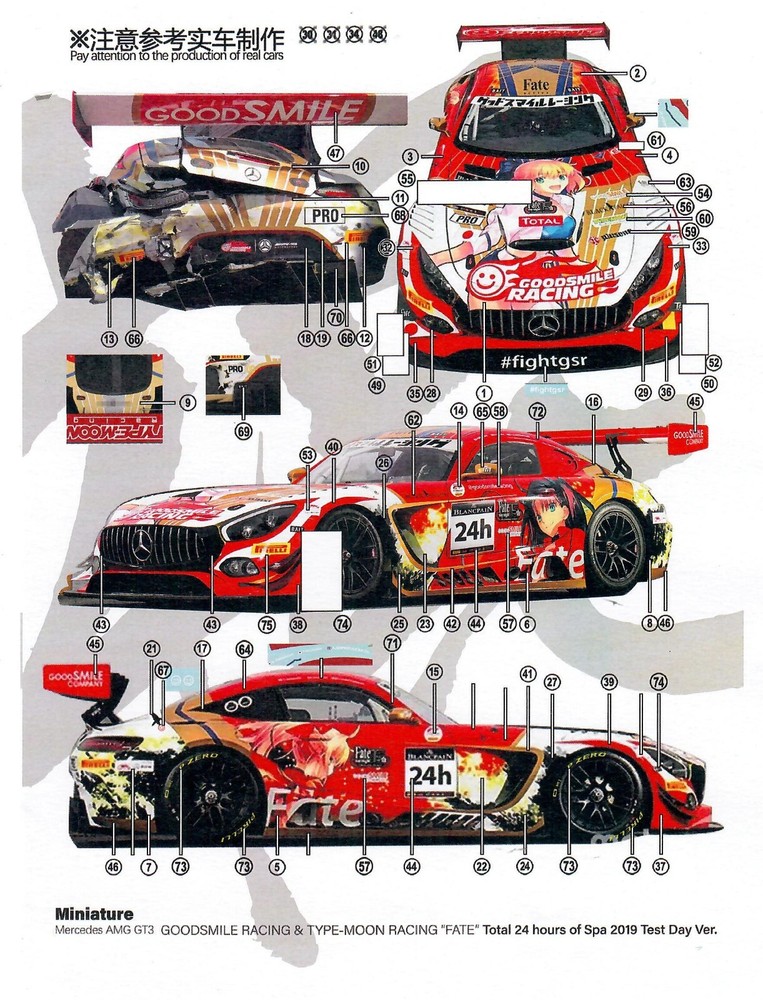 Miniature 1:24 Mercedes AMG GT3 Good Smile Type-Moon “Fate” 19 Test Decals CS020