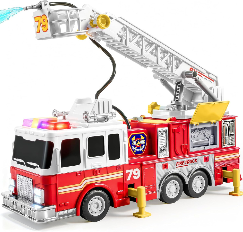 Extra Large Toddler Fire Truck Toys for Boys with 33-Inch Ladder, Lights & Sprin