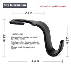 4-Pack Black Plastic Car Seat Headrest Hooks with 360° Rotation, 55 Lb. Capacity