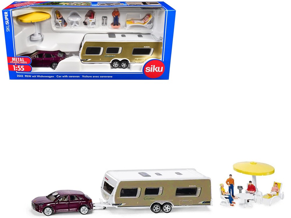 SIKU SK2542 Porsche Macan Turbo Maroon Metallic and Dethleffs