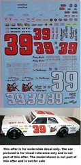 NASCAR DECAL #39 ROCK CITY AUTO 1969-70 CHEVELLE/ MONTE CARLO FRIDAY HASSLER